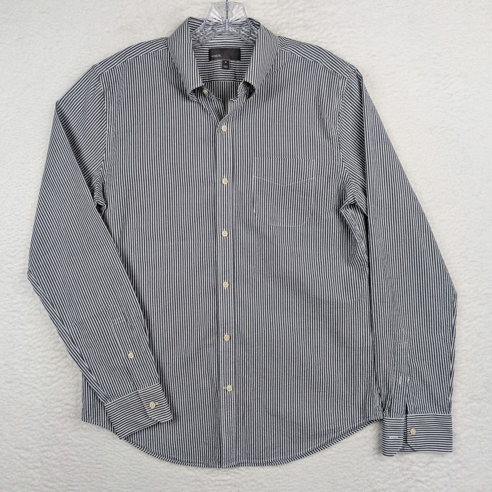 Vince Seersucker Button Down Shirt Men's Medium Gray White Stripe Cotton
